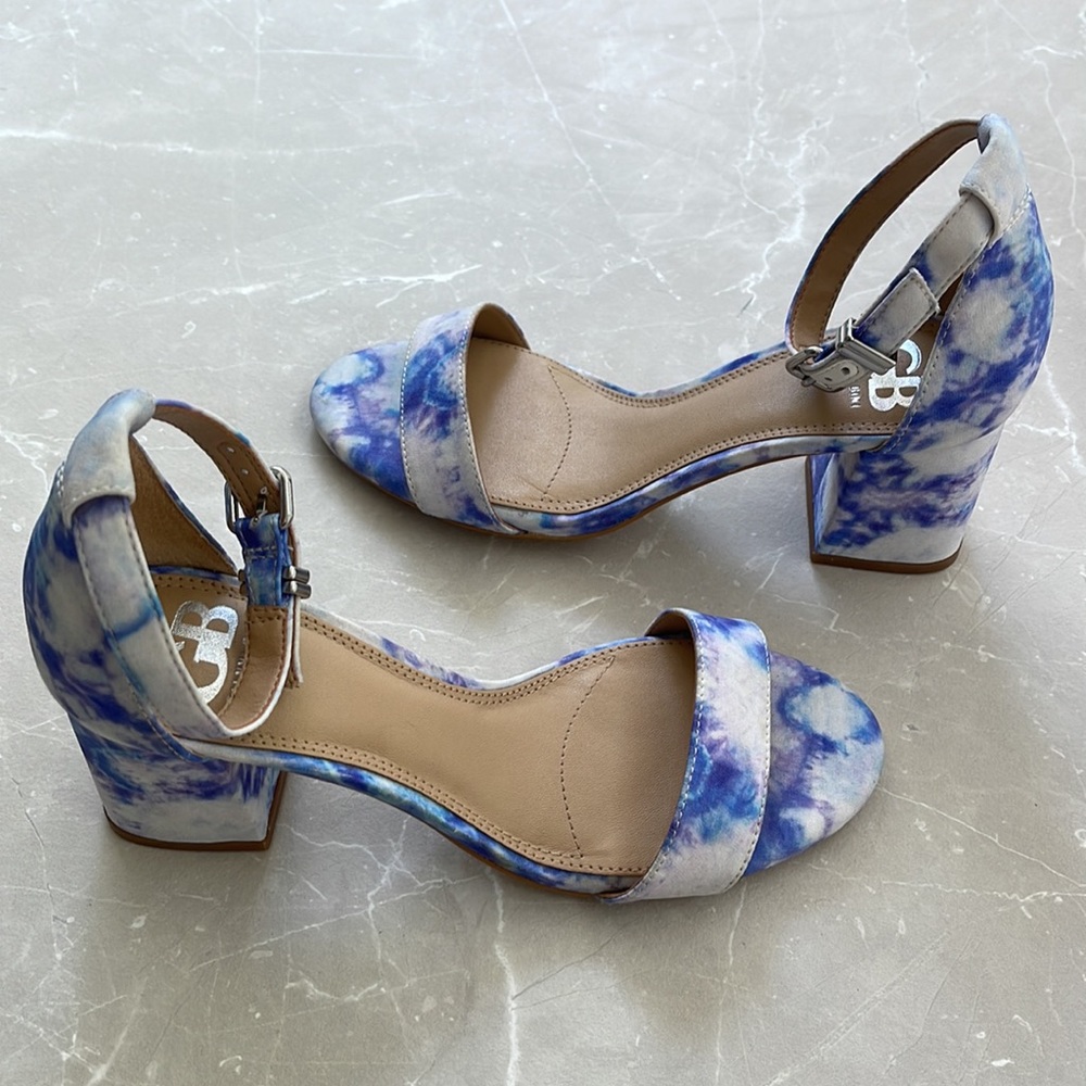 Gianni Bini Block Party Blue Multi Tie Dye Ankle Strap Sandals